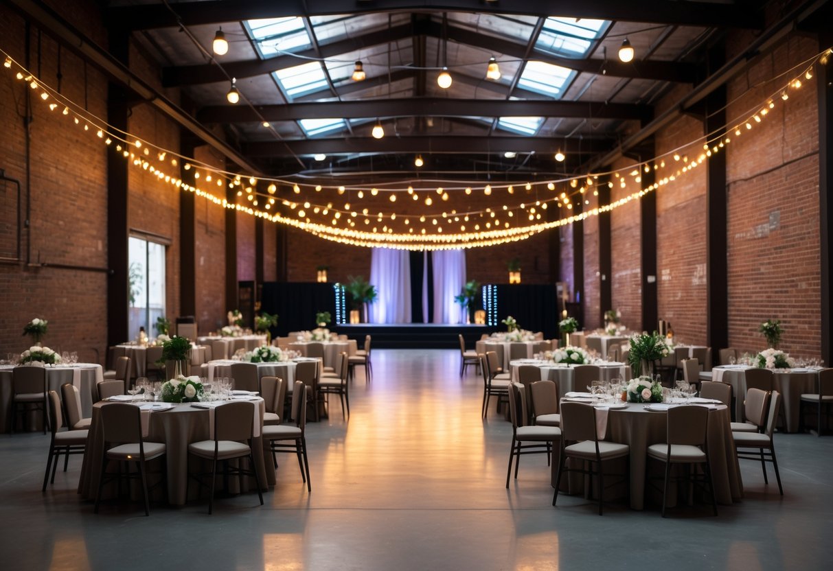 An empty warehouse decorated with string lights, tables, and a dance floor set up for a prom event.