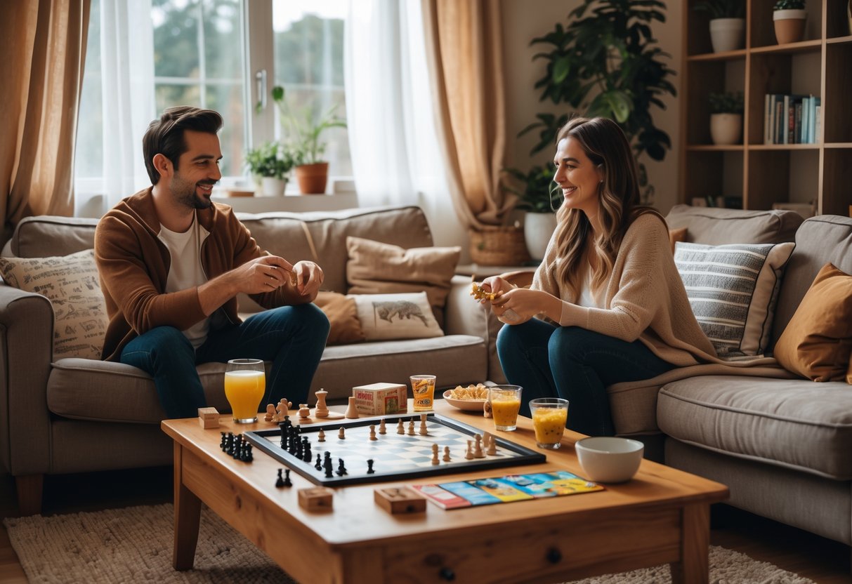 A couple playing board games together in a cozy living room during a weekend at home.