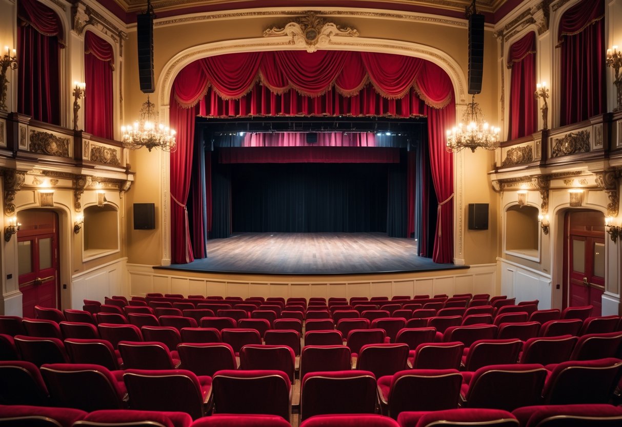 Interior of a classic theater with red velvet seats and curtains, a wooden stage, and ornate decorations.