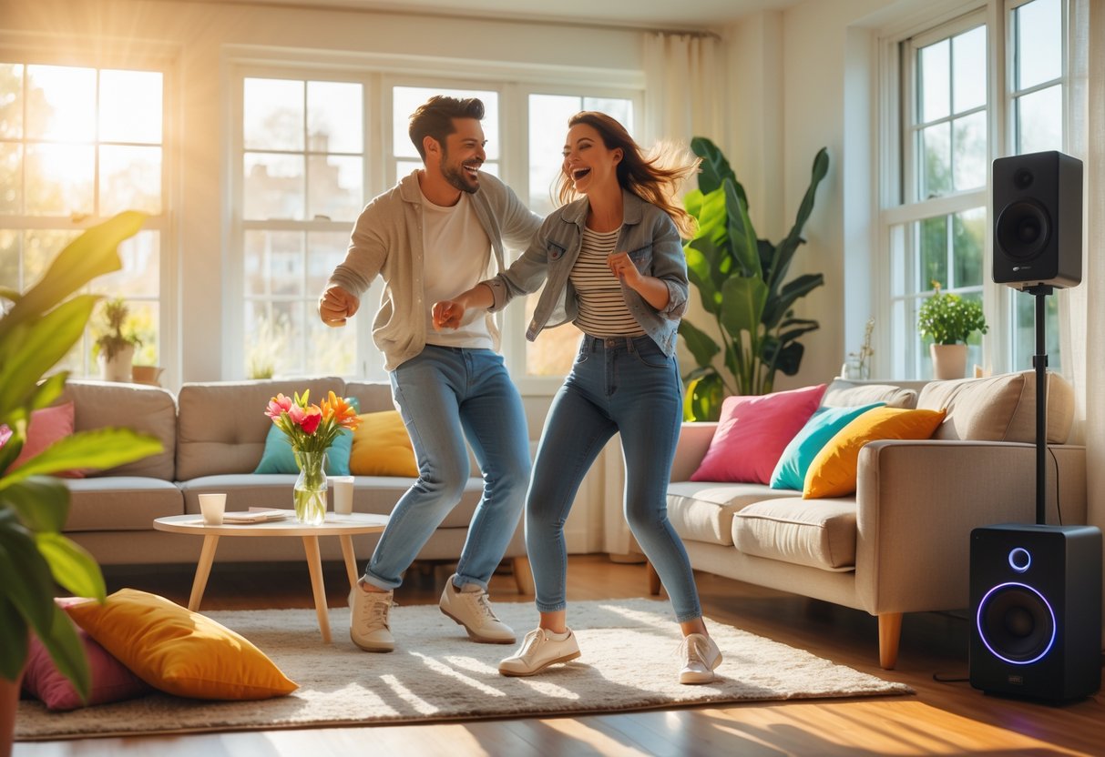 A young couple dancing and smiling together in a bright living room with cozy furniture and plants.