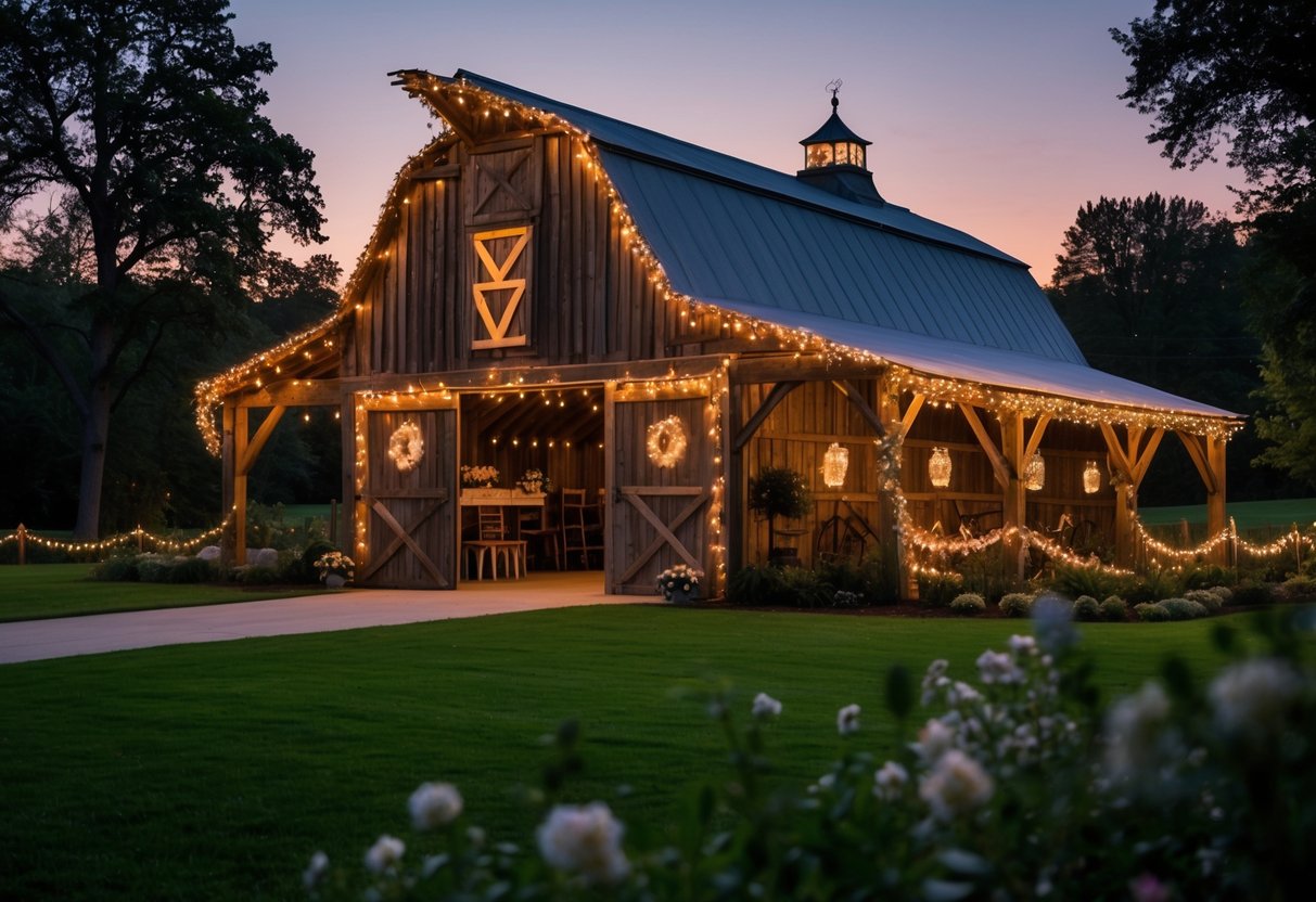 A rustic barn decorated with glowing fairy lights outdoors at twilight.
