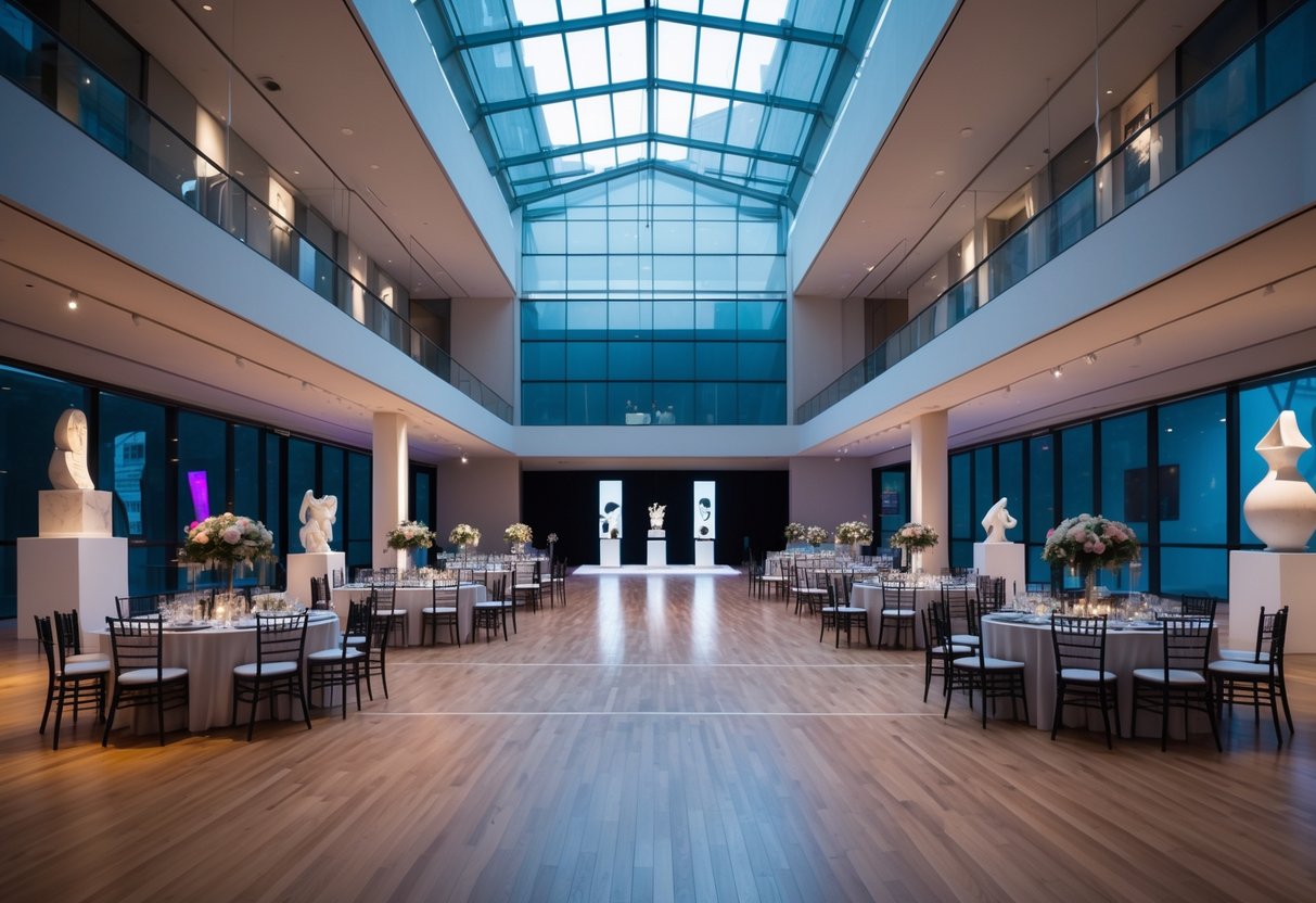 A spacious modern museum event hall with round tables, floral centerpieces, a dance floor, and modern art sculptures.