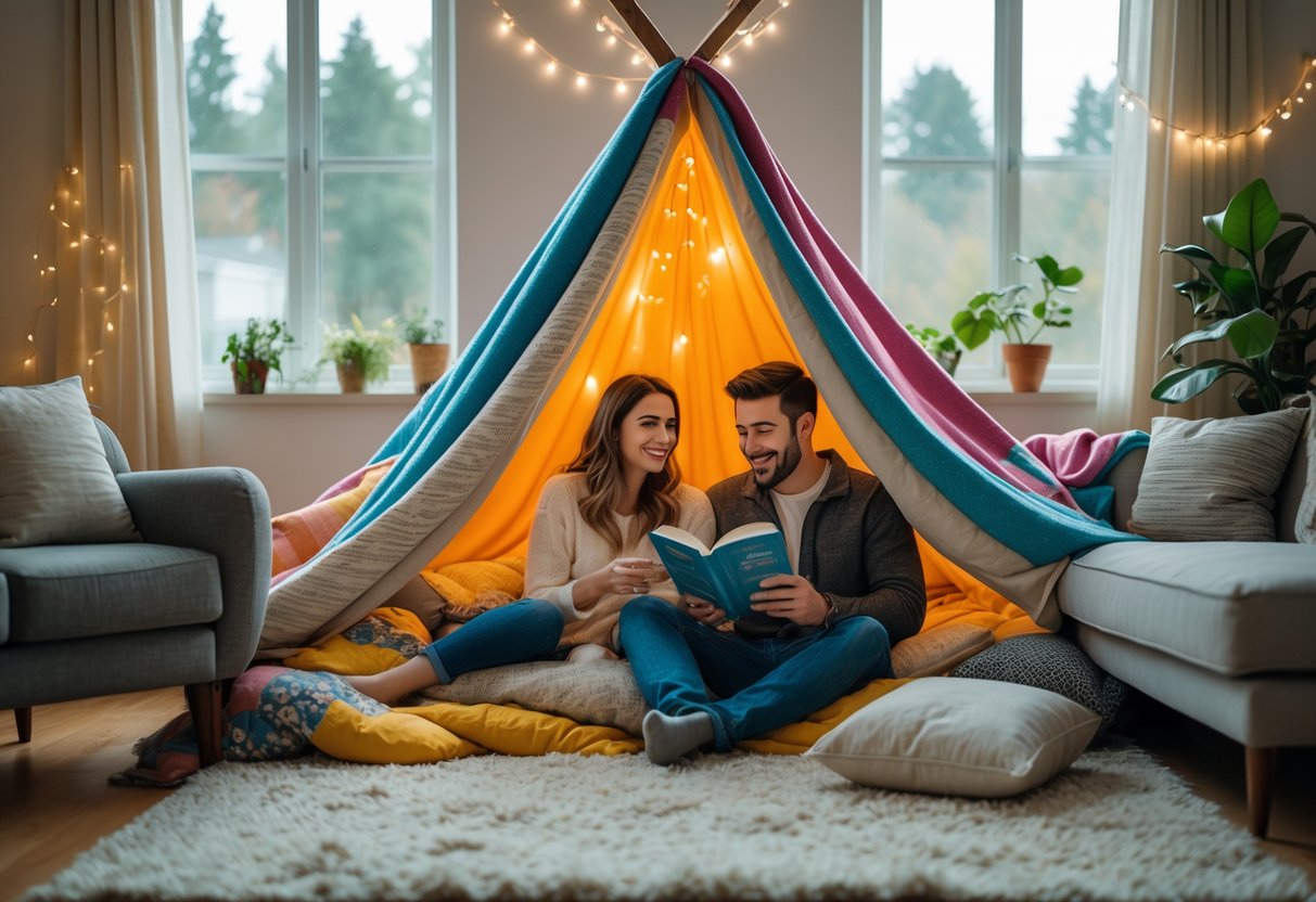 A couple sitting inside a blanket fort in a living room, reading storybooks together.