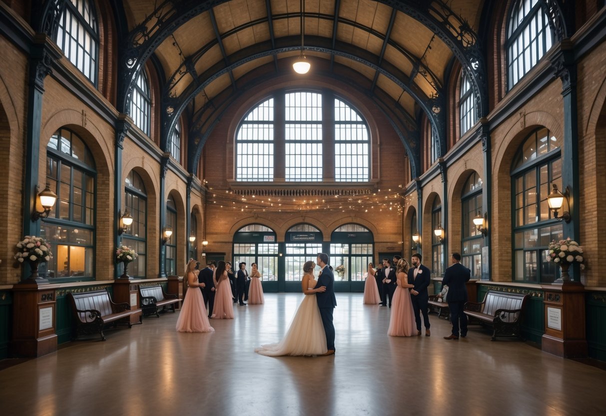 Interior of a vintage train station hall decorated for a prom event with young couples in formal attire.