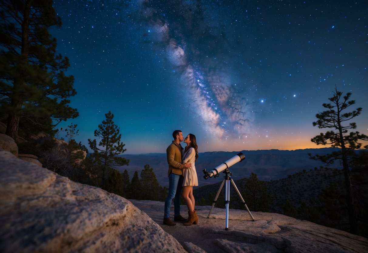 A couple stargazing at night on a rocky overlook surrounded by pine trees with a clear starry sky above.