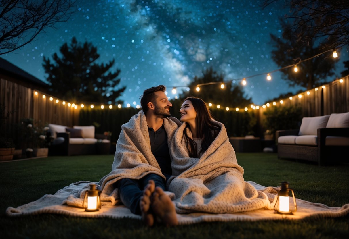 A couple sitting together on blankets in a backyard at night, looking up at the starry sky.