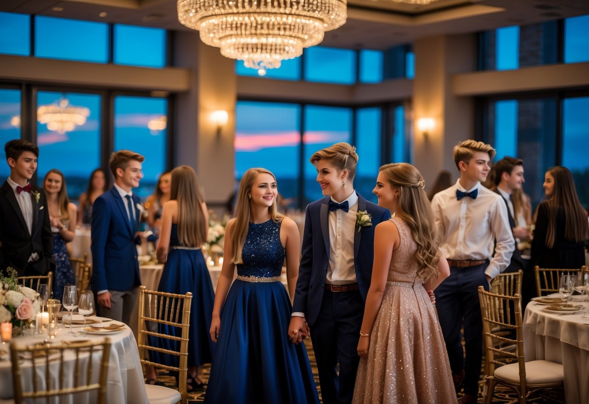 A group of teenagers in formal clothes exploring a decorated banquet hall with tables and chandeliers, preparing for prom.