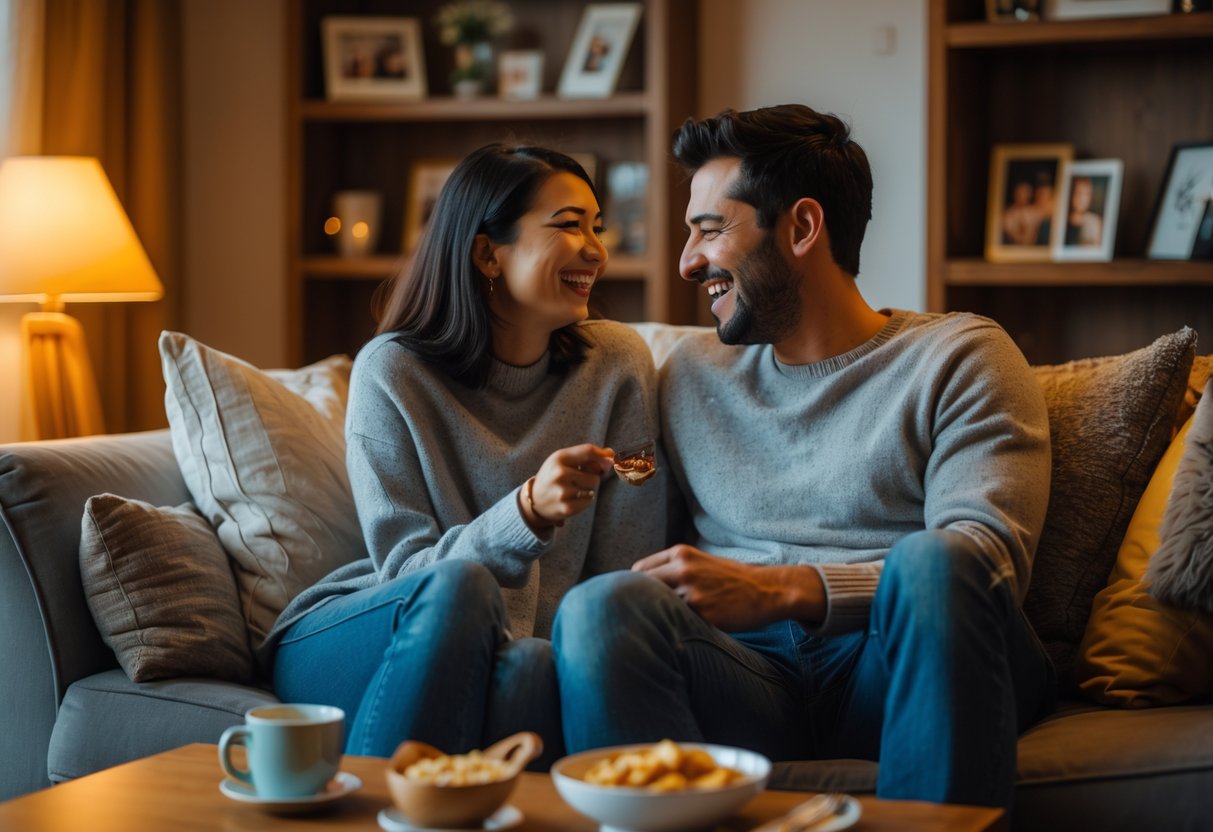 A couple sitting on a sofa in a living room, smiling and talking while sharing stories.