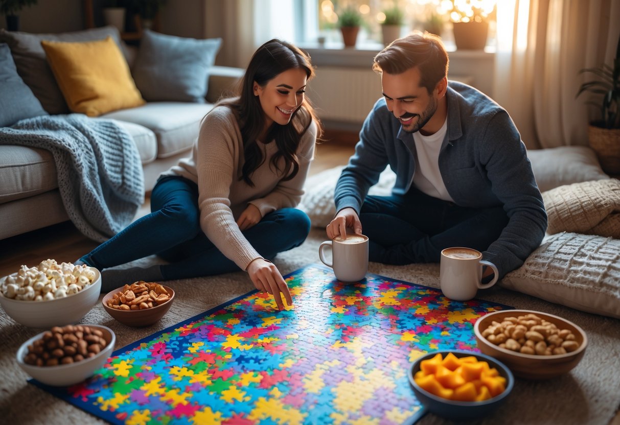 A couple sitting on the floor doing a jigsaw puzzle together with snacks around them in a cozy living room.