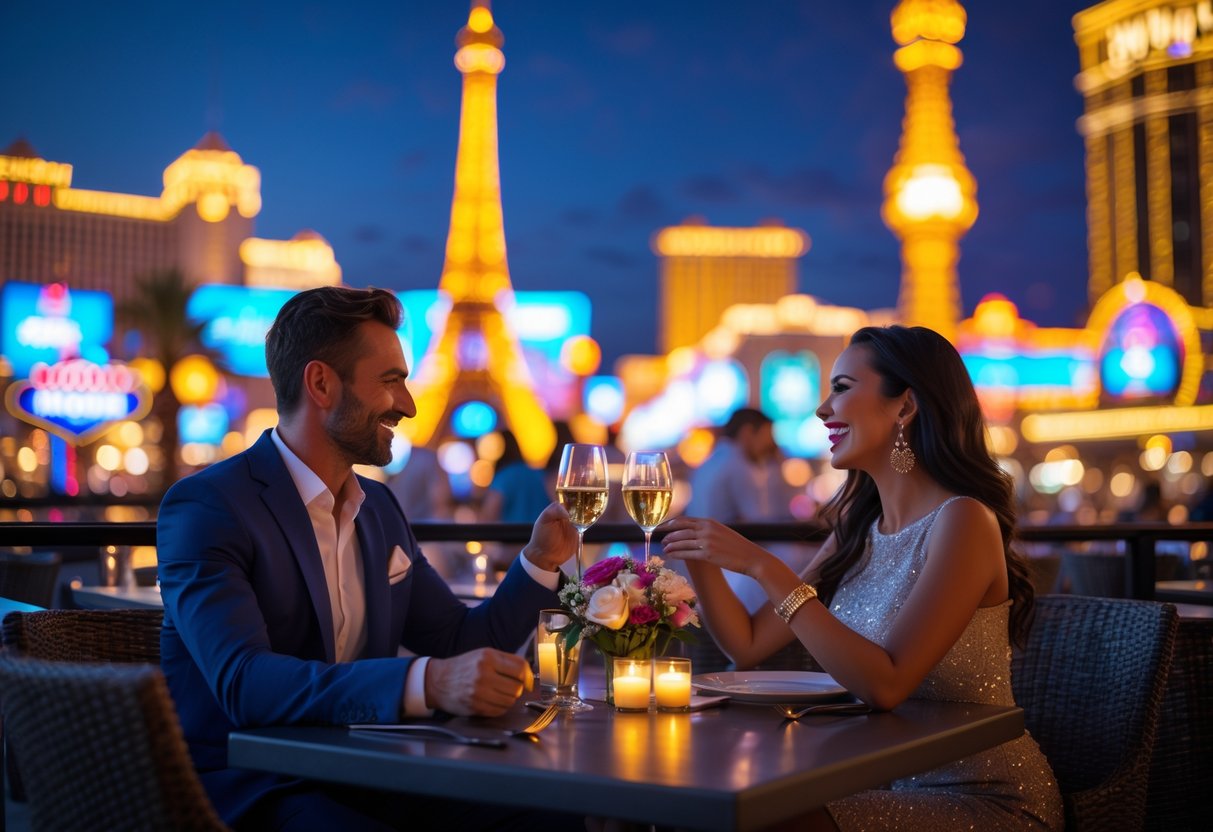 A couple enjoying a romantic dinner outdoors with the illuminated Las Vegas Strip in the background at night.