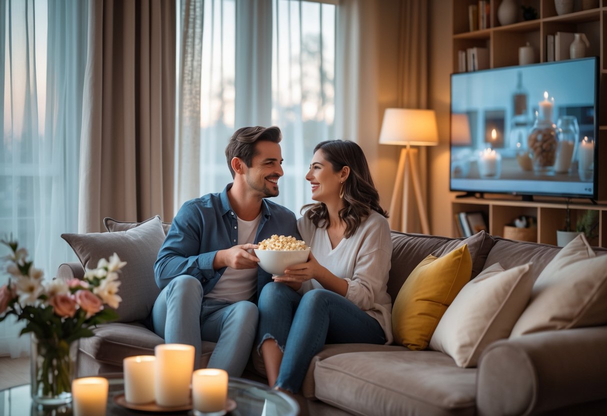 A couple sitting on a sofa in a cozy living room, sharing popcorn and watching a movie together.