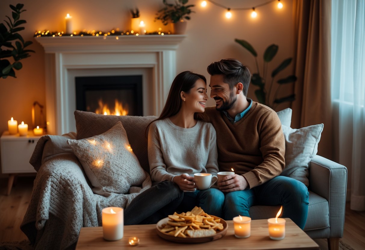 A couple sitting closely together on a sofa in a warmly lit living room with candles, blankets, and a coffee table with mugs and snacks.