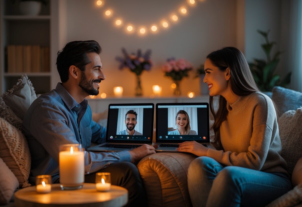 Two people smiling and talking to each other on laptops during a virtual date night from their homes.