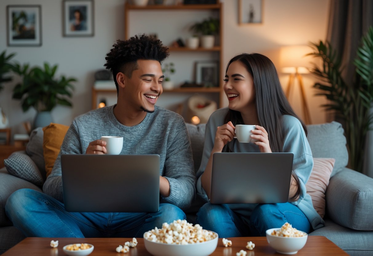 Two young adults enjoying a virtual date on a video call from their cozy living rooms, smiling and interacting with each other.