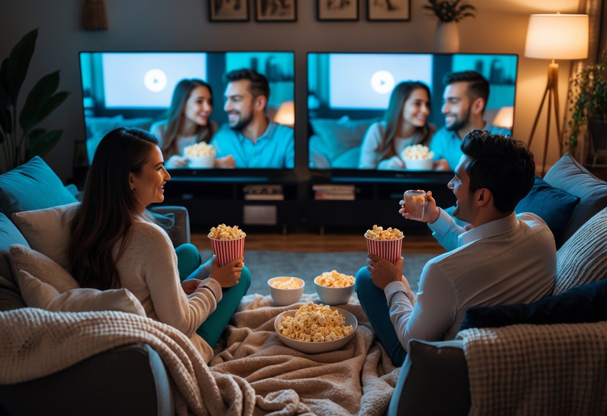 Two couples in separate living rooms enjoying a cozy movie night together with synchronized streaming on their TVs.