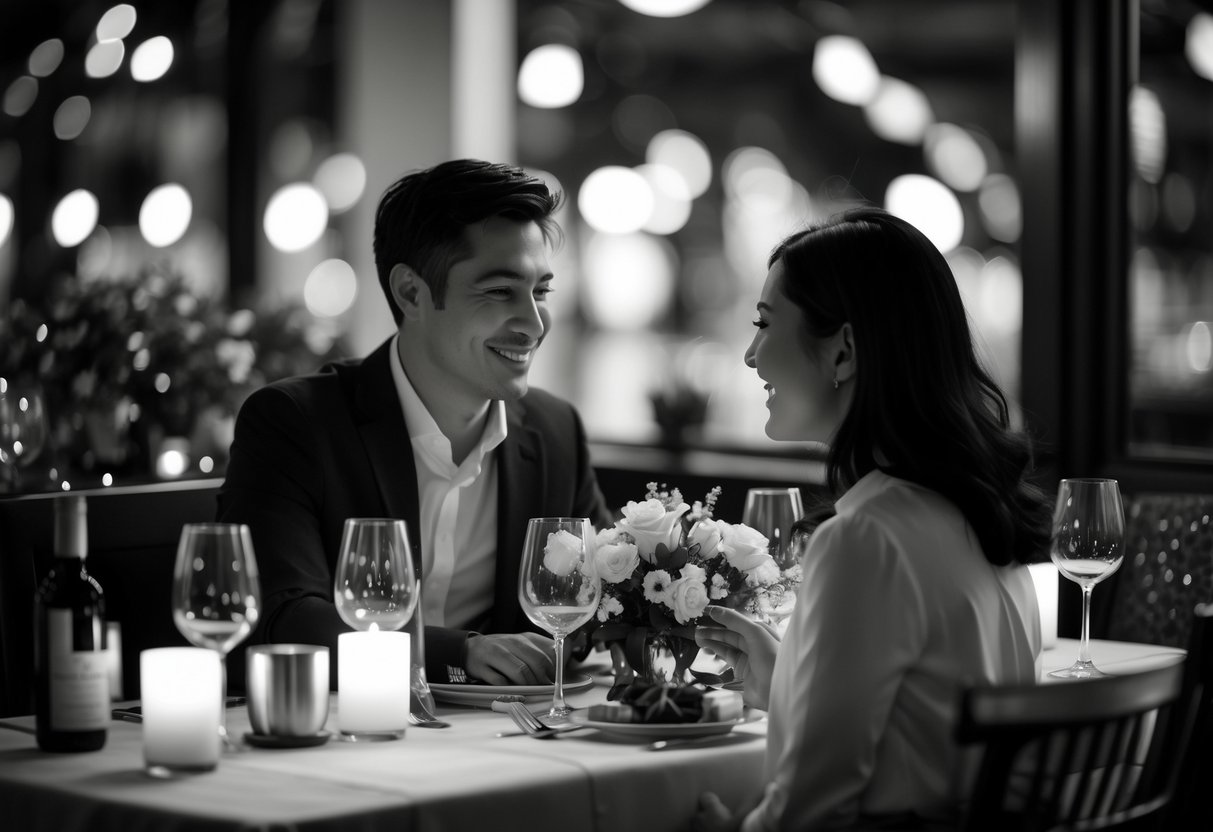 A couple sitting at a candlelit table, smiling and enjoying a quiet date night together.