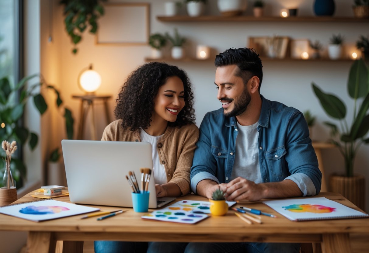 A couple sitting together at a table, painting and following a virtual art class on a laptop.