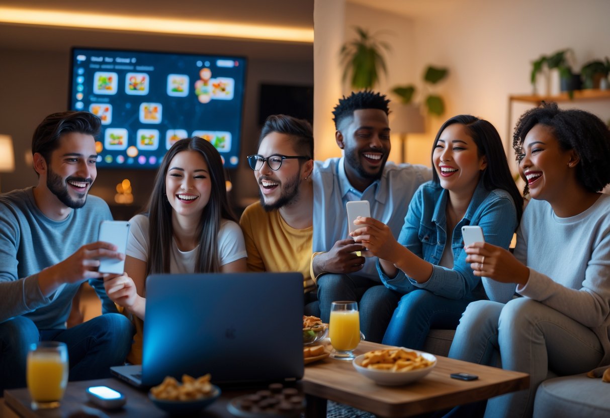 Two groups of friends enjoying a virtual game night together on their computers from separate rooms.