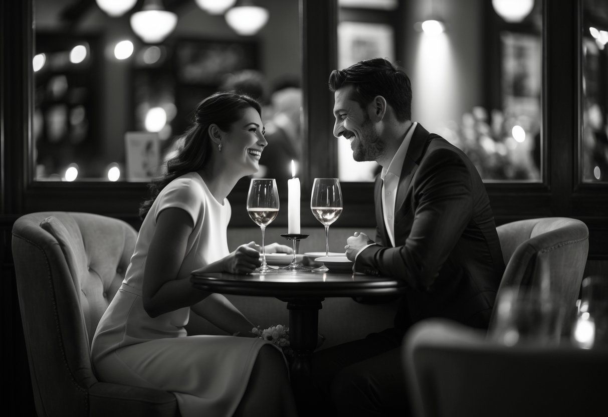 A couple enjoying a romantic dinner together at a small table with wine and a candle.