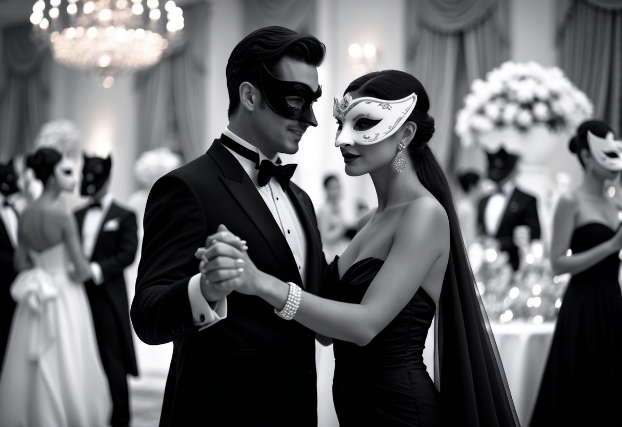 A couple wearing black and white masks and formal attire at a masquerade ball, surrounded by other masked guests in an elegant ballroom.