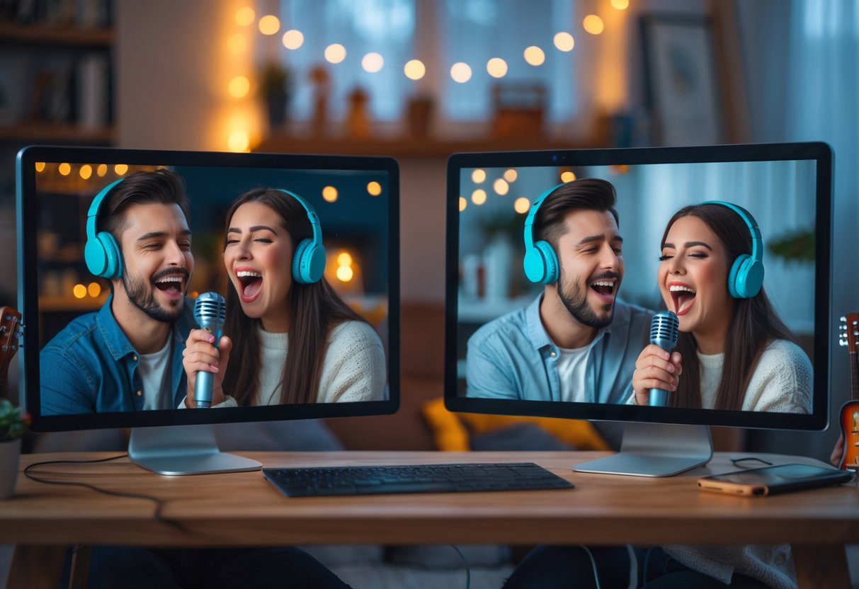 A young couple singing karaoke together on separate computer screens during a virtual date night.