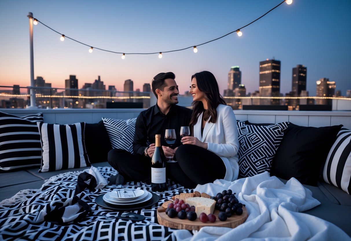 A couple enjoying a rooftop picnic with black and white decorations and city skyline in the background at dusk.