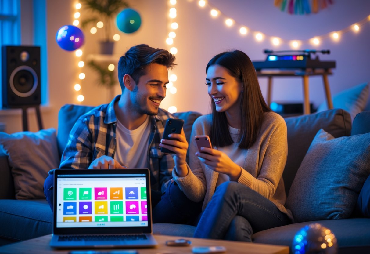 A young couple sitting on a sofa, smiling and using their smartphones with a laptop nearby, enjoying music together in a cozy living room with warm lighting and party decorations.