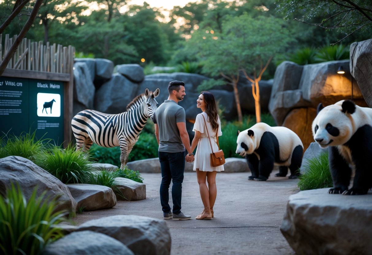 A couple observing black and white animals like zebras and pandas at a zoo exhibit during early evening.
