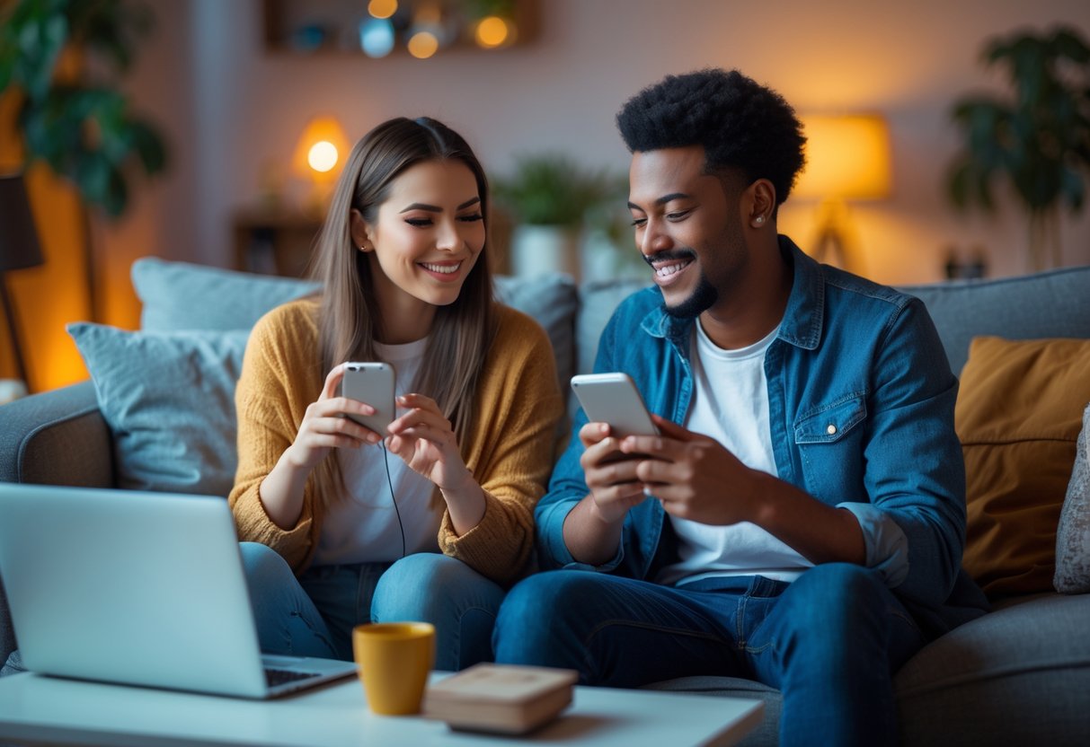 A young couple sitting on a sofa, each using a device to share music and chat during a virtual date.
