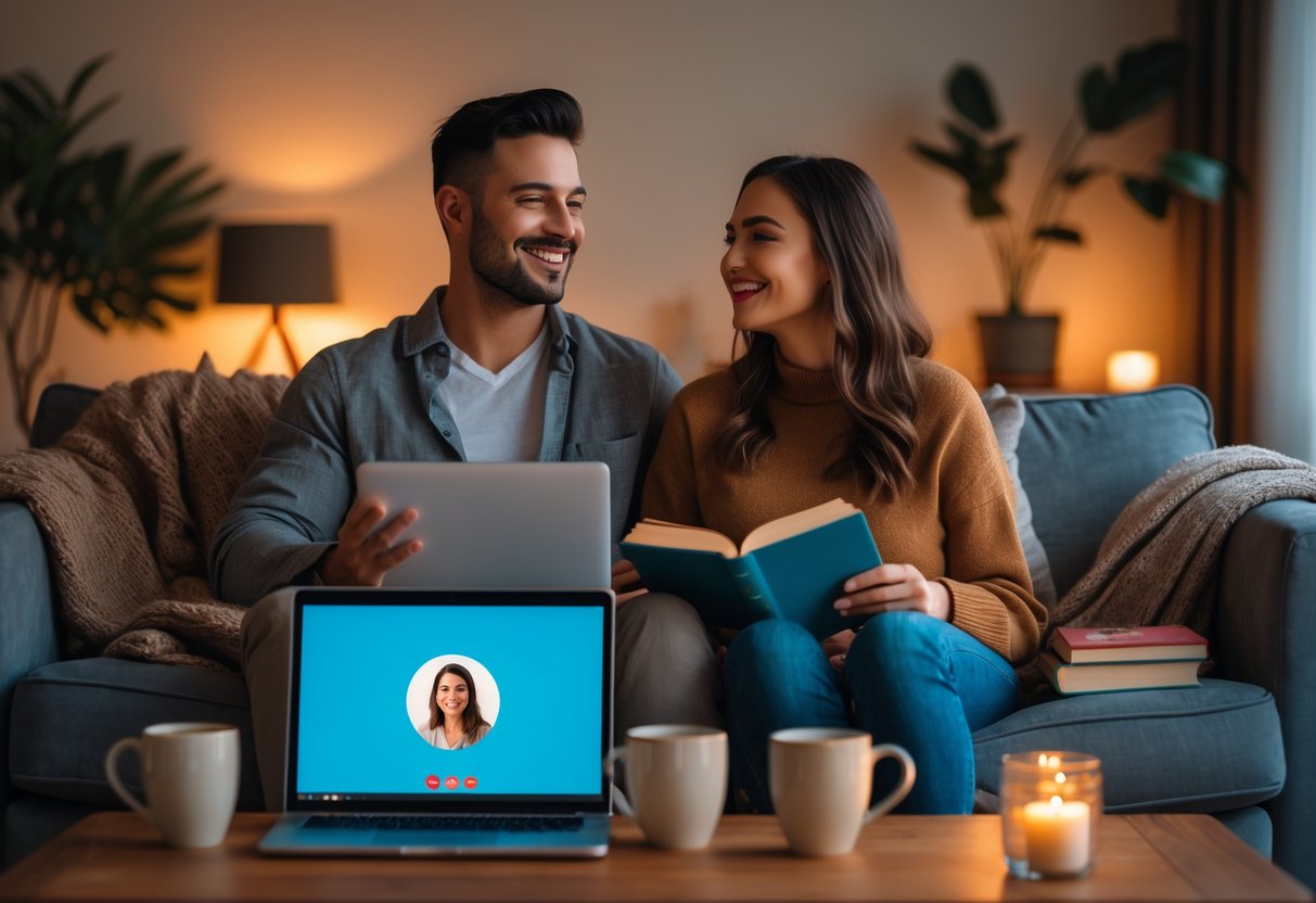 A couple sitting on a sofa with books and a laptop showing a video call, enjoying a virtual book club date night in a cozy living room.