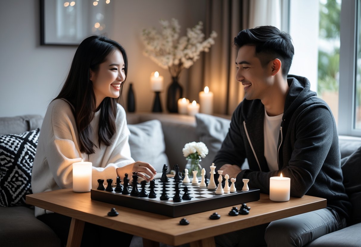 A couple sitting at a table playing a black and white board game in a cozy living room setting.