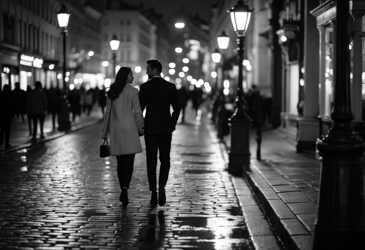 A couple walking hand-in-hand on a city street at night surrounded by buildings and streetlights.