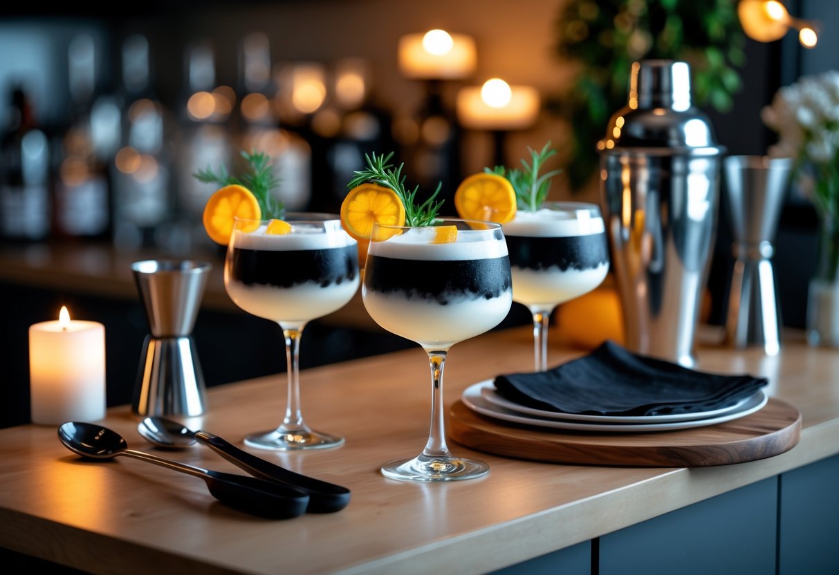 A home bar setup with black and white layered cocktails on a wooden counter surrounded by cocktail-making tools and decorative items.