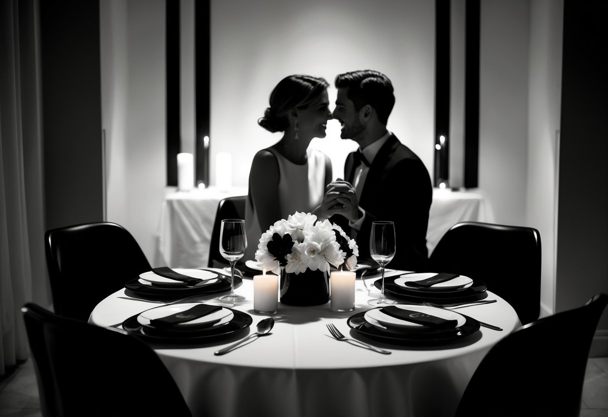 A couple dressed in black and white sharing a romantic dinner at a candlelit table set with black and white decor.