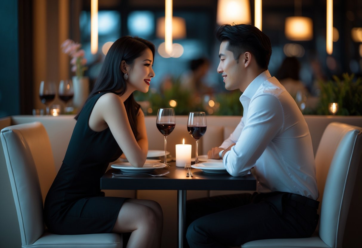 A couple dressed in black and white sitting at a small table in a softly lit restaurant, enjoying a romantic dinner together.