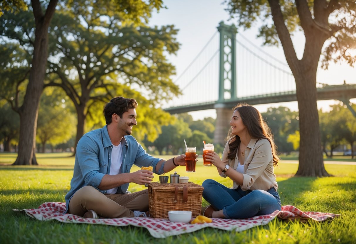 A young couple having a picnic near the Waco Suspension Bridge in a green park.