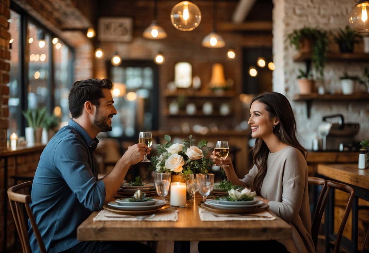 A couple enjoying a romantic dinner at a cozy cafe with warm lighting and rustic decor.