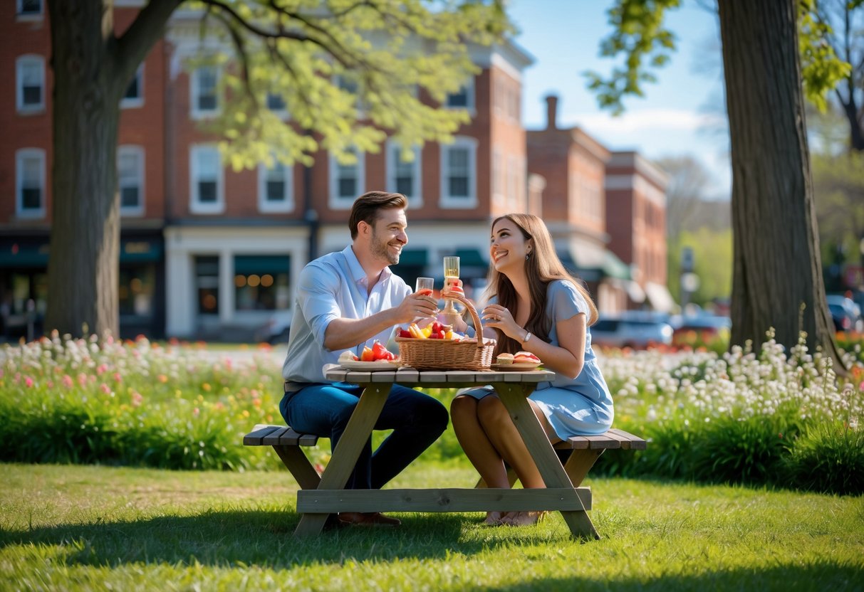 A young couple enjoying a picnic together in a green park with trees and historic buildings in the background.