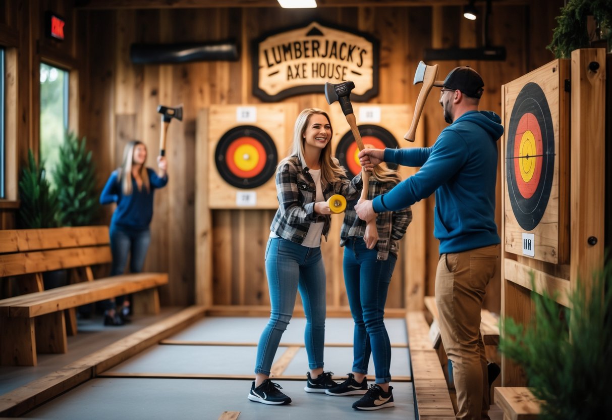 A young couple enjoying axe throwing at a rustic indoor venue with wooden walls and a target board.