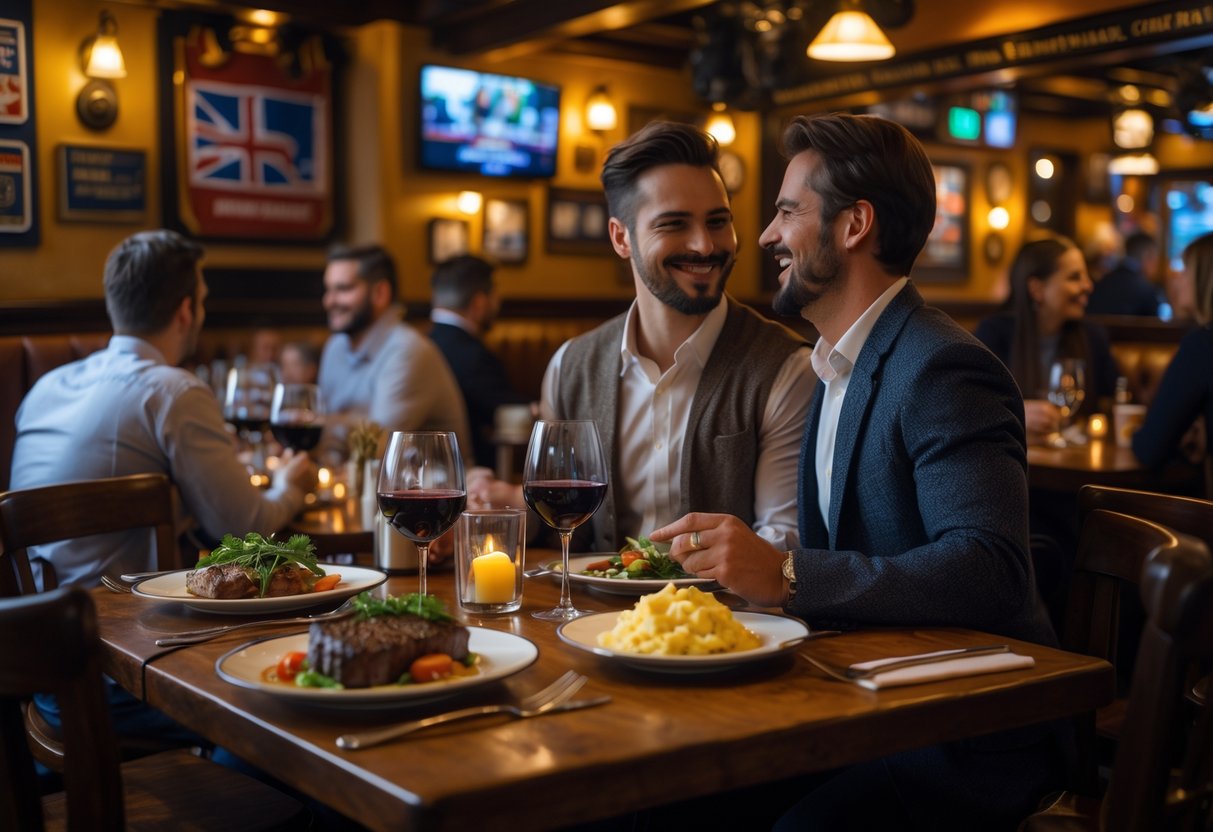 A couple enjoying a cozy dinner at a warmly lit pub with wooden tables and British-themed decor.