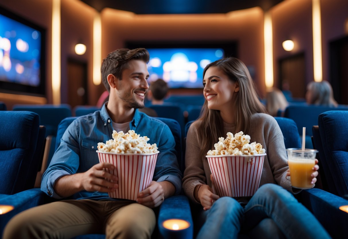 A young couple enjoying a movie together in a cozy cinema with popcorn and drinks.