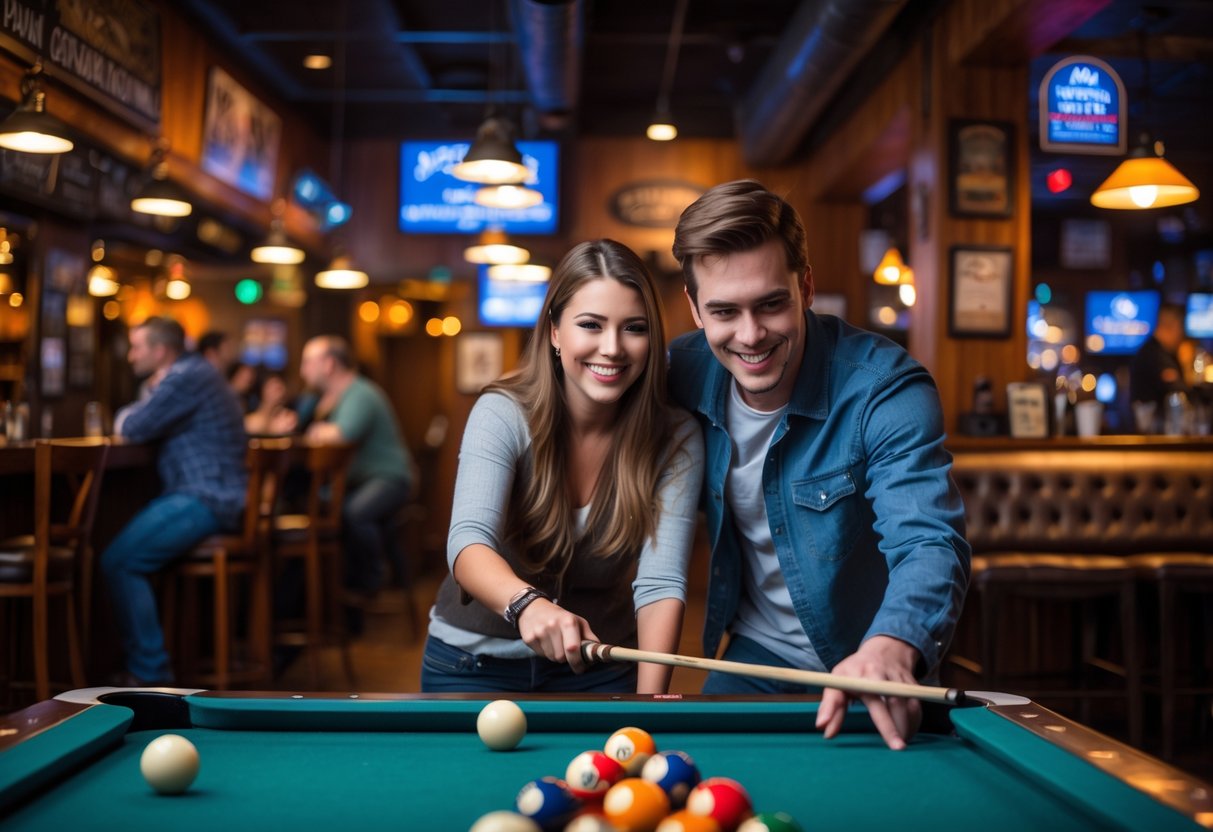 A young couple playing pool together inside a cozy bar and grill, smiling and enjoying their date night.