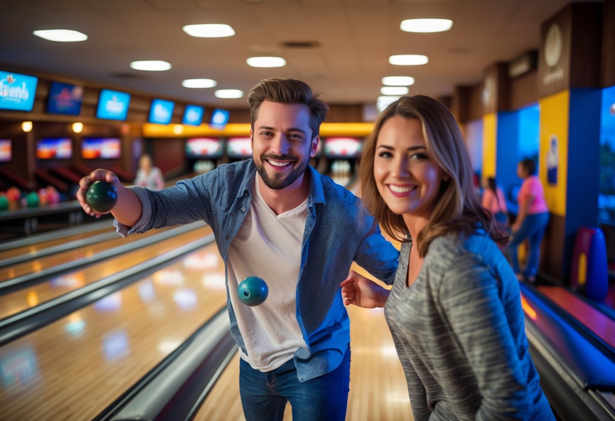 A couple bowling together at a lively bowling alley inside a family fun center.