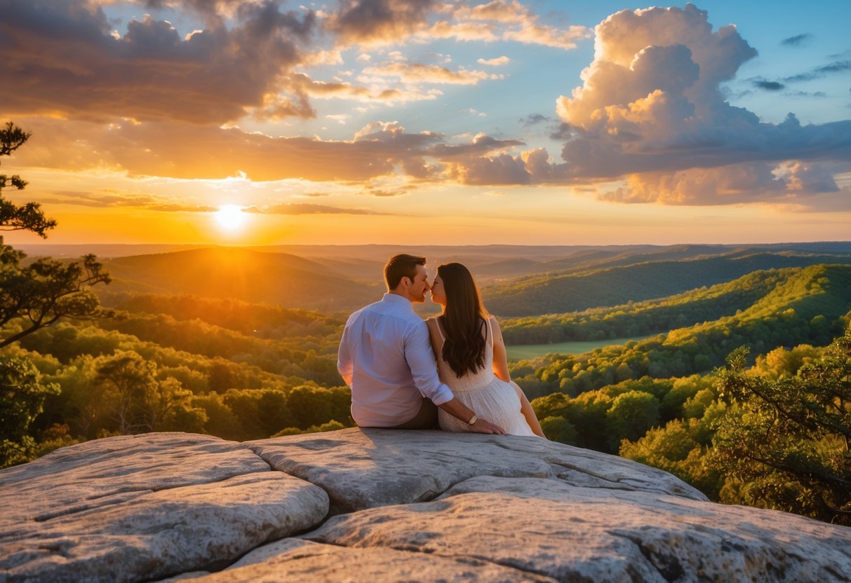 A couple sitting together on a rock overlooking hills and greenery at sunset.