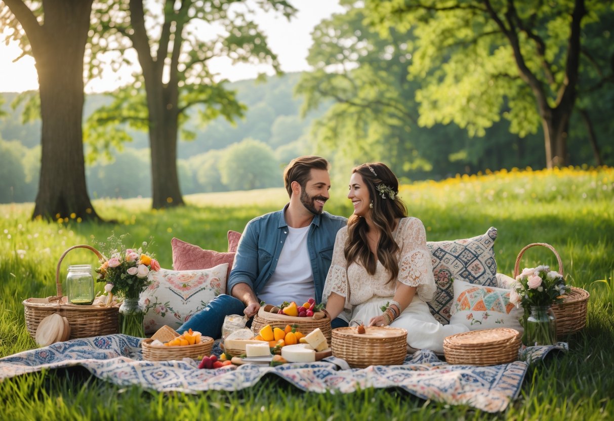 A couple enjoying a romantic picnic on a patterned blanket in a green park with trees and flowers around them.