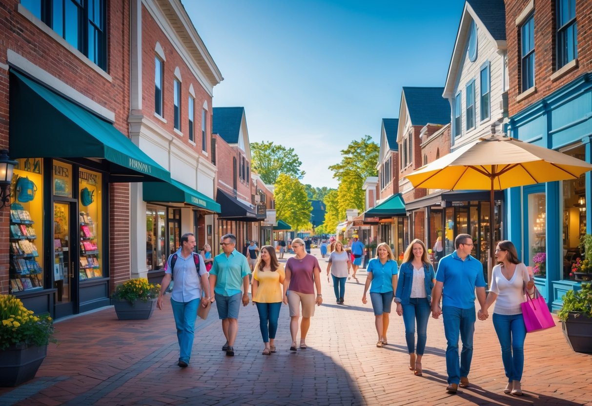 People walking and shopping along a lively downtown street lined with local shops and outdoor seating on a sunny day.