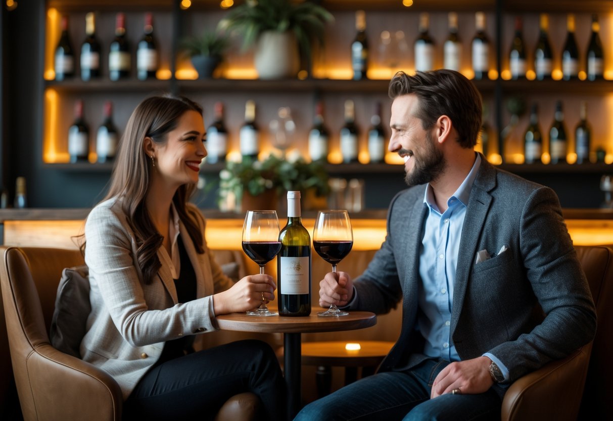 A couple enjoying wine together at a cozy wine bar with shelves of wine bottles in the background.