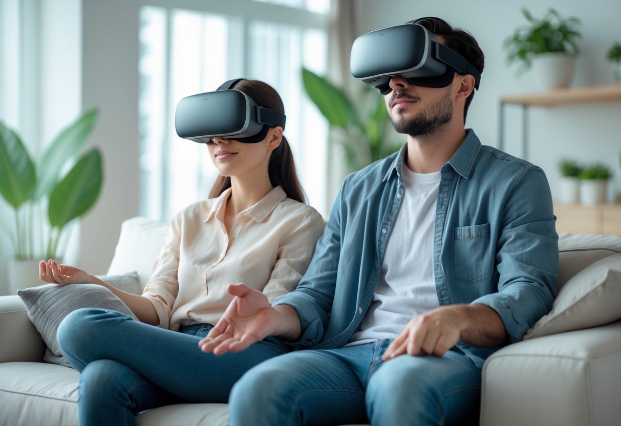 A young couple sitting on a couch wearing virtual reality headsets, appearing relaxed during a meditation session.