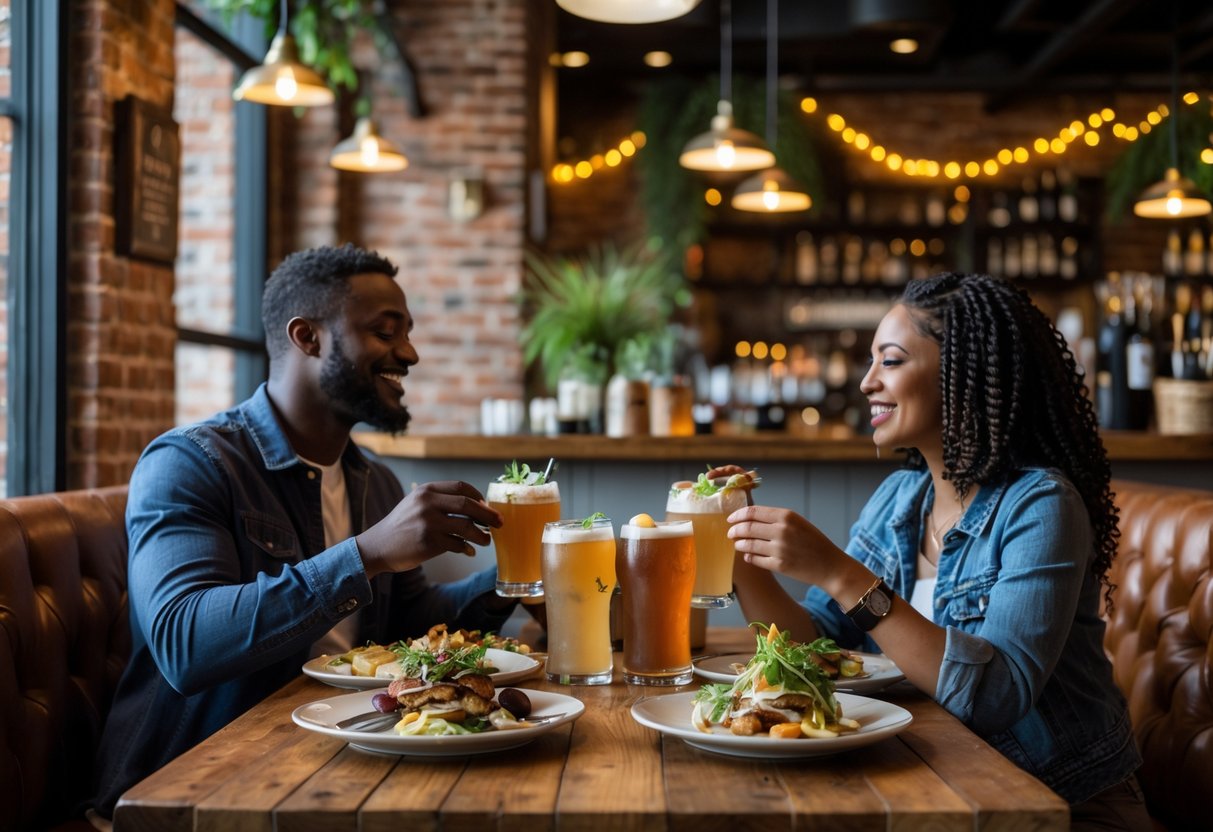 A couple sharing casual bites and drinks at a cozy wooden table inside a warmly lit pub.