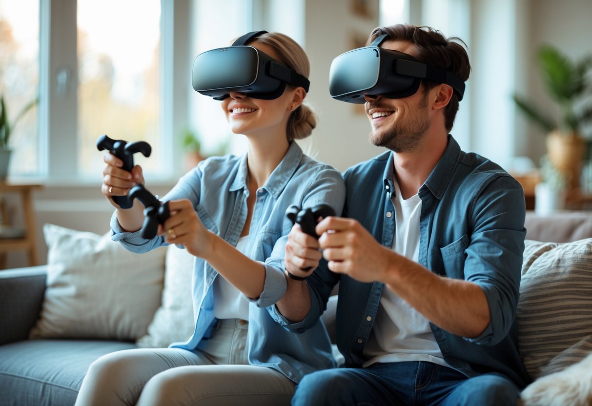A young couple wearing virtual reality headsets and holding controllers, enjoying a VR date together in a cozy living room.